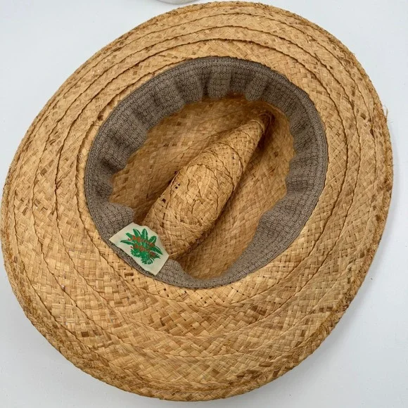 Mango Mango Straw Sun Hat Tan Golf Masters Novelty Print Band Made in USA Fedora